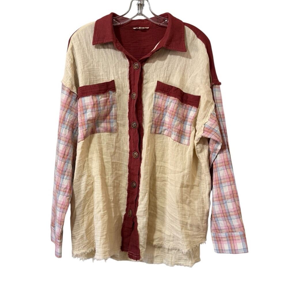 EASEL Women‎ Sz Small Button Down Cotton Tunic Top Long Sleeve Patchwork Raw Hem